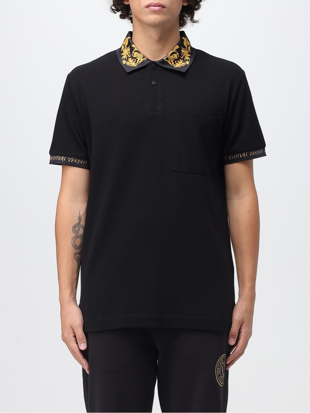 Versace Jeans Collection Black Polo with Gold Baroque Collar